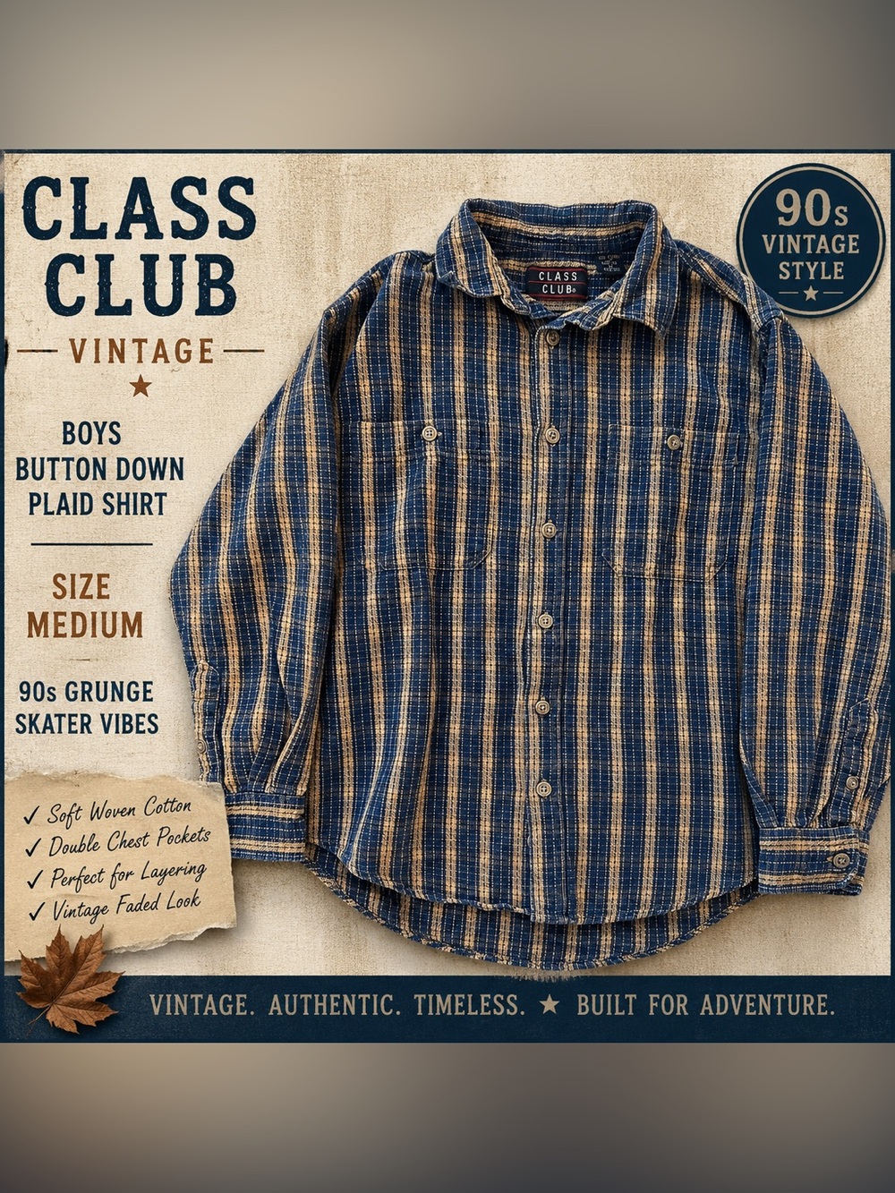 Class Club Boys Blue and Tan Plaid Button-Down Shirt